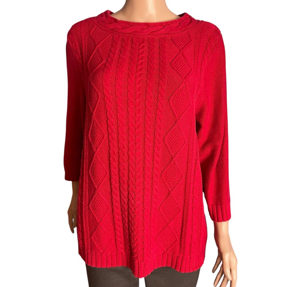 Lands’ End Red Cable Knit Sweater 1X Office Casual Relaxing Cabin Core Ski Vacay